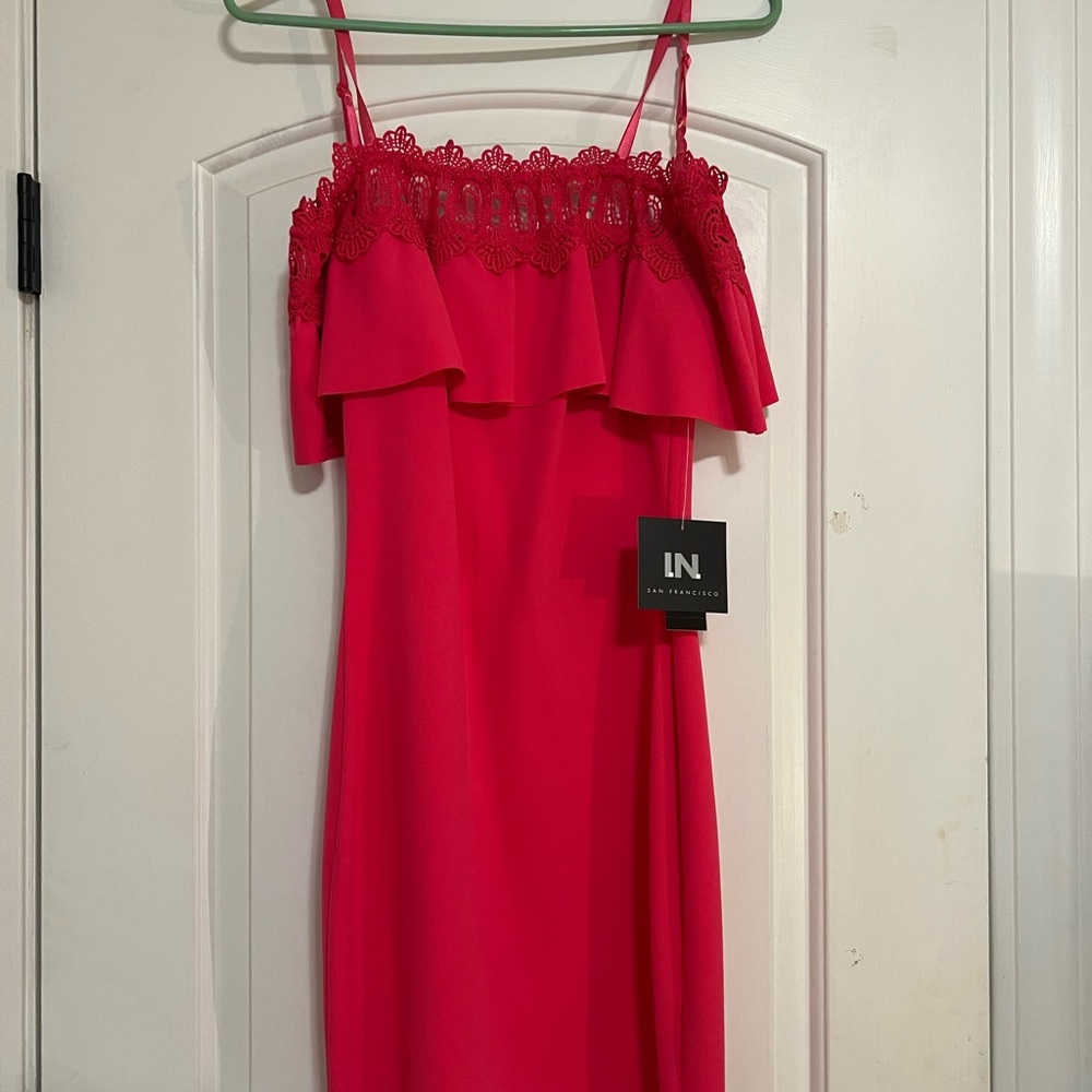 Women's Hot Pink Lace Trim off shoulder Dress